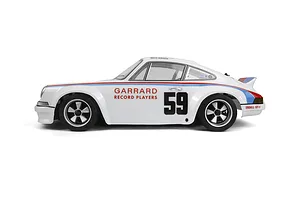 Side profile of the HPI Sport 3 Flux 1973 Brumos Porsche Carrera RSR RC car in white with racing livery, number 59, and Garrard branding.