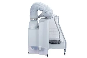 Side view of a grey Hseng water curtain airbrush spray booth with an attached flexible exhaust hose on a white background.