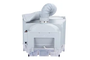 Rear view of the Hseng HS-E600 water curtain spray booth showing the exhaust hose, power switch, and water reservoir base.