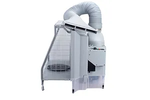 Side view of a grey Hseng water curtain airbrush spray booth with an attached flexible exhaust hose and control panel.