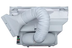 Top-down view of a Hseng water curtain spray booth showing the grey plastic housing, flexible exhaust hose, and control panel with switches.
