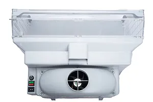 Top-down view of a grey Hseng airbrush spray booth showing the exhaust fan housing, control switches, and clear plastic hood.