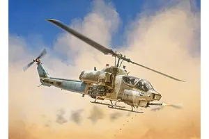 An artistic illustration of an AH-1W Super Cobra attack helicopter in flight against a cloudy sky, firing its nose-mounted cannon.