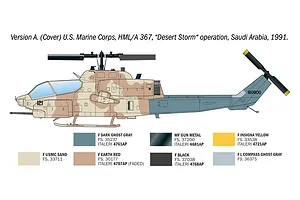 A technical illustration of an AH-1W Super Cobra helicopter in a desert camouflage scheme, including a paint color reference guide for the model kit.