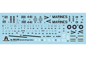 A decal sheet for an Italeri 1/72 scale Bell AH-1W Super Cobra model kit, featuring various military markings, numbers, and warning signs on a light blue backing.