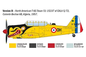 A digital profile view illustration of a North American T-6G Texan aircraft in yellow livery with shark mouth nose art and French military markings.