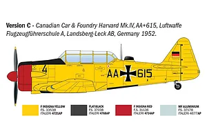 A side-profile technical illustration of a Canadian Car &amp; Foundry Harvard Mk.IV aircraft in yellow livery with German markings for an Italeri model kit.