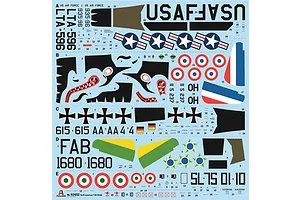 A decal sheet for a 1/48 scale Italeri T-6G Texan model kit, featuring various national insignias, serial numbers, and nose art markings.