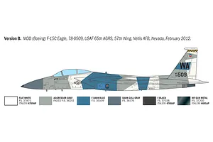A side-profile diagram of an F-15C Eagle fighter jet in a blue and grey camouflage scheme, including a paint color reference guide.