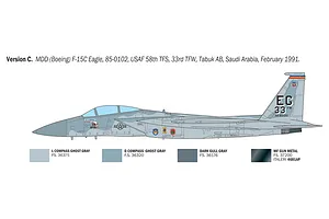 A side-profile technical illustration of an F-15C Eagle fighter jet, showing camouflage patterns, markings, and a color paint guide for the model kit.