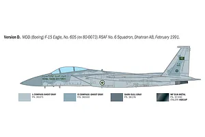 A side-profile illustration of an F-15 Eagle jet in Royal Saudi Air Force livery, showing paint scheme and color swatches for a model kit.