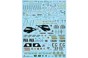A decal sheet for an Italeri 1/48 F-15C Eagle model kit, featuring various markings, national insignia, and squadron emblems on a light blue backing.