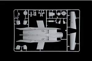 A grey plastic sprue from an Italeri 1/48 scale F-15C Eagle model kit, showing the main fuselage and various smaller aircraft components.