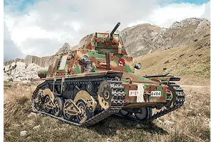 An illustration of an Italian L6/40 light tank in a mountainous landscape, featuring a camouflage paint scheme and a small cartoon character decal.