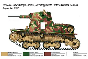 A side-profile illustration of an Italian L6/40 light tank with camouflage paint, including a color guide for Italeri paints.