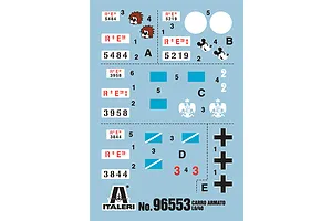 A decal sheet for the Italeri 1/35 Carro Armato L6/40 model kit, featuring various military markings, numbers, and cartoon character emblems.