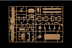 A tan plastic sprue containing various unpainted model tank parts for an Italeri 1/35 scale L6/40 model kit.