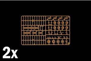 A tan plastic sprue containing various tank model parts, including road wheels, track links, and suspension components, with a 2x indicator.