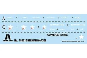 A decal sheet for the Italeri 1/56 Sherman M4A3E8 Fury model kit, featuring various markings, stars, and text labels on a light blue backing.