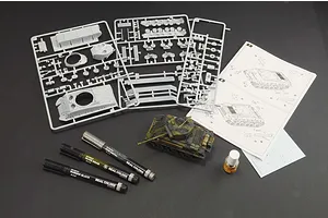Italeri 1/56 Sherman M4A3E8 Fury model kit contents including grey plastic sprues, an assembled tank model, paint markers, glue, and instruction manual.