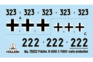 A decal sheet for an Italeri 1/56 scale Tiger I tank model kit, featuring black numbers 323 and 222, and various Balkan cross markings on a light blue backing.