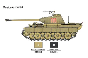 A side-profile illustration of a German Panther tank with Zimmerit coating, labeled Version A (Cover), showing paint color references B and C.