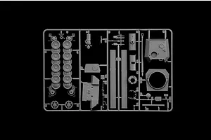 A grey plastic sprue containing various unpainted model tank parts for an Italeri 1/56 Panther tank kit, set against a solid black background.