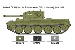 A side-view illustration of a Cromwell Mk.IV tank in olive green, showing paint scheme Version A with color swatches and codes below.