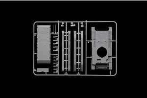A grey plastic sprue containing parts for an Italeri 1/56 scale Cromwell Mk.IV tank model kit, including the hull and track sections.