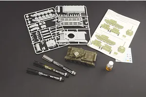 Italeri 1/56 Cromwell Mk.IV model kit contents including plastic sprues, a painted tank model, three paint markers, glue, decals, and instructions.