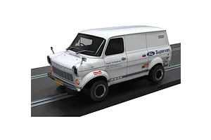 Scalextric 1/32 scale Ford Transit Mk 1 Supervan slot car in white with racing decals on a track section.