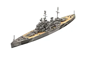A high-angle studio shot of a fully assembled 1/1200 scale plastic model of the HMS Duke of York battleship, featuring a grey camouflage hull and tan deck.