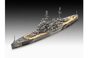 A high-angle studio shot of a completed 1/1200 scale plastic model of the HMS Duke of York battleship, featuring a grey camouflage hull and tan deck.