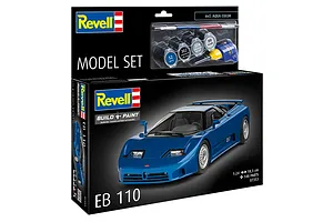 Revell 1/24 scale Bugatti EB110 model car starter kit box showing the finished blue car and included paints, brush, and glue.