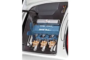 Close-up view of the detailed Blue Flame engine inside a 1/24 scale Revell 1953 Chevrolet Corvette model car kit.