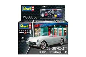 Revell 1/24 scale 1953 Chevrolet Corvette Roadster model kit box featuring a white convertible car in front of a retro diner.
