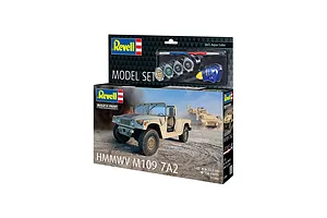 Revell 1/35 scale HMMWV M109 7A2 model kit box featuring a tan military vehicle on the front and included paints and brush in the top blister pack.