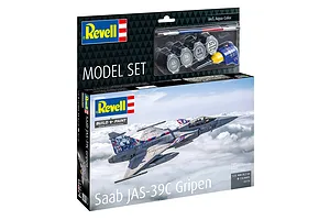 Revell 1/72 scale Saab JAS-39C Gripen model kit box featuring a fighter jet in flight, including paint pots, glue, and a brush.