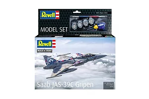 Revell 1/72 scale Saab JAS-39C Gripen model kit box showing a fighter jet flying above clouds, including paint pots, glue, and a brush.