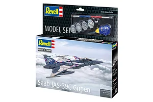 Revell 1/72 scale Saab JAS-39C Gripen fighter model kit box, featuring a graphic of the aircraft in flight and included paints, brush, and glue.