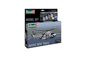 Revell 1/72 scale NH90 NFH Navy helicopter model kit box, including paints, brush, and glue, set against a white background.