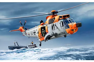 An artistic illustration of a German Marine Westland Sea King helicopter flying over a stormy sea near a ship.