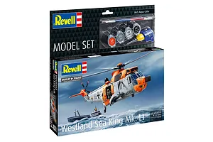 Revell 1/72 scale Westland Sea King Mk. 41 model kit box showing a helicopter flying over a ship, including paint, glue, and a brush.