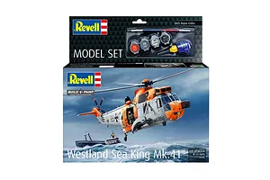 Revell 1/72 scale Westland Sea King Mk. 41 helicopter model kit box featuring an illustration of the helicopter flying over a ship at sea.
