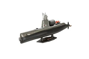 A completed Revell 1/305 scale plastic model of the U.S.S. Nautilus submarine, displayed on a black stand against a white background.