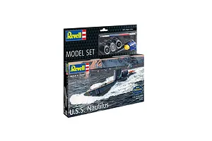 Revell 1/305 scale U.S.S. Nautilus submarine plastic model kit box showing the submarine in water and included paint and glue accessories.