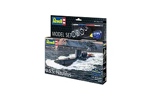 Revell 1/305 scale U.S.S. Nautilus model submarine starter kit box featuring included paints, glue, and a paintbrush.