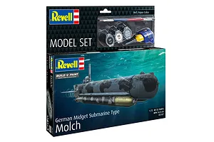 Revell 1/72 scale German Midget Submarine Type Molch model kit box showing the submarine underwater, with included paints, glue, and brush.