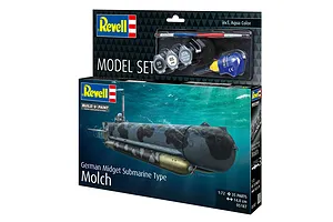 Revell 1/72 scale German Midget Submarine Type Molch model kit box showing the submarine underwater and included paints and glue.