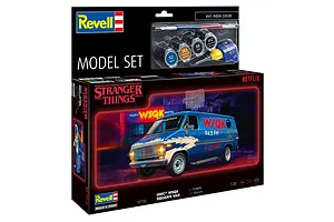 Revell 1/25 scale GMC WSQK Squawk Stranger Things van model kit box showing the finished van graphic and included paints and brush.